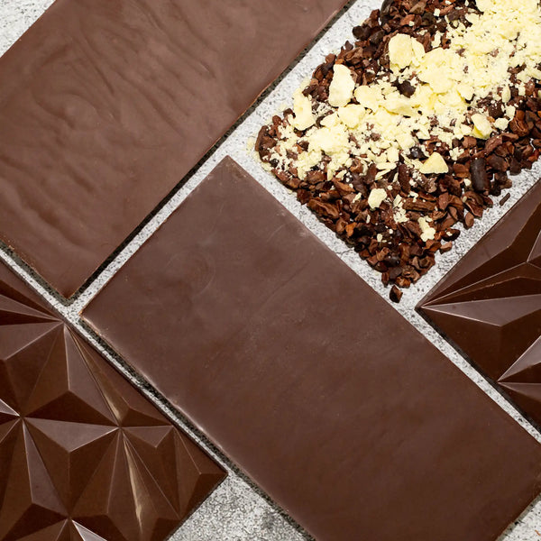 Dulce Royal plain sugar free milk chocolate bar with geometric pattern on front and smooth texture on back