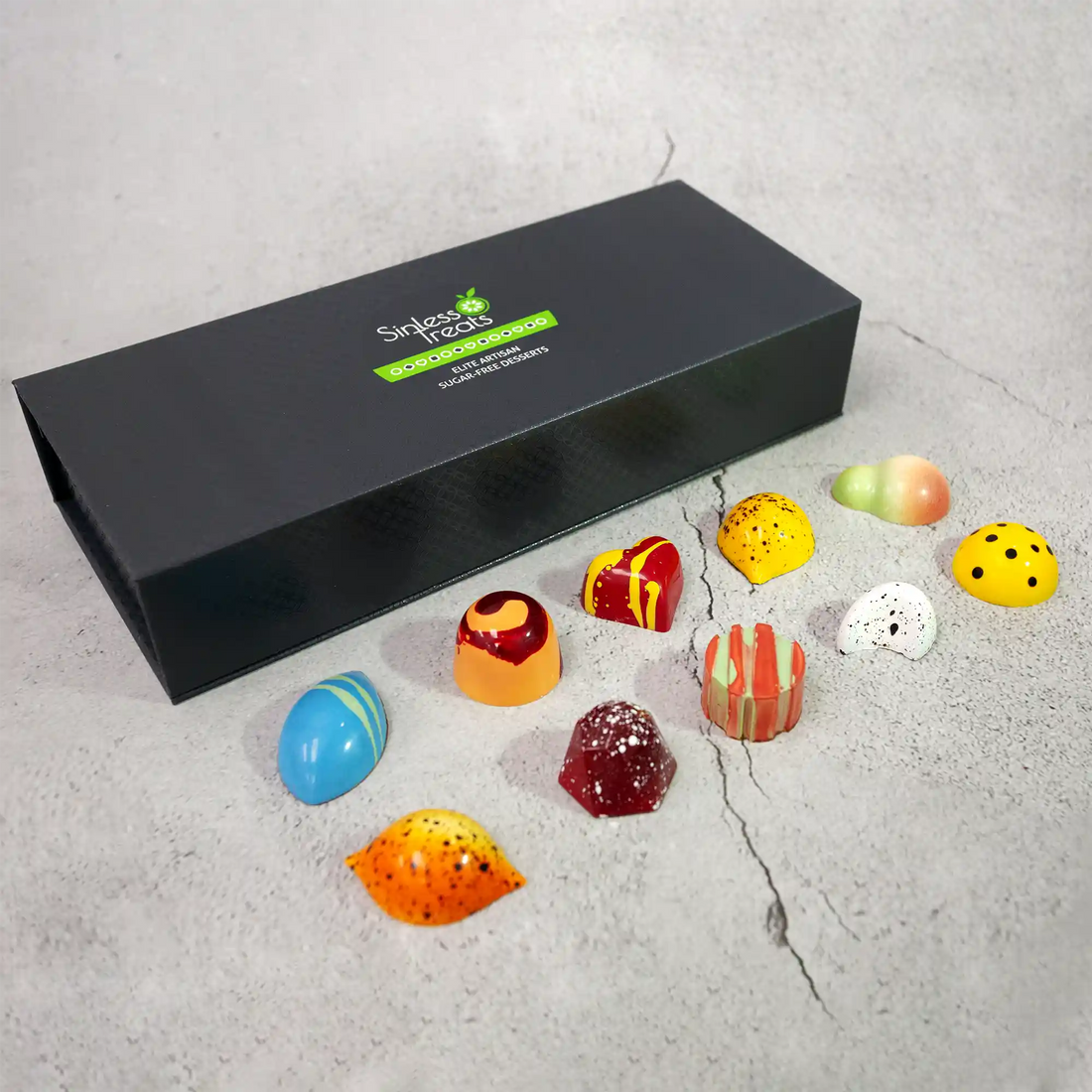 Sunshine Luxury Gift Box with 10 pieces of brightly hand painted bonbons with berry and fruity flavors