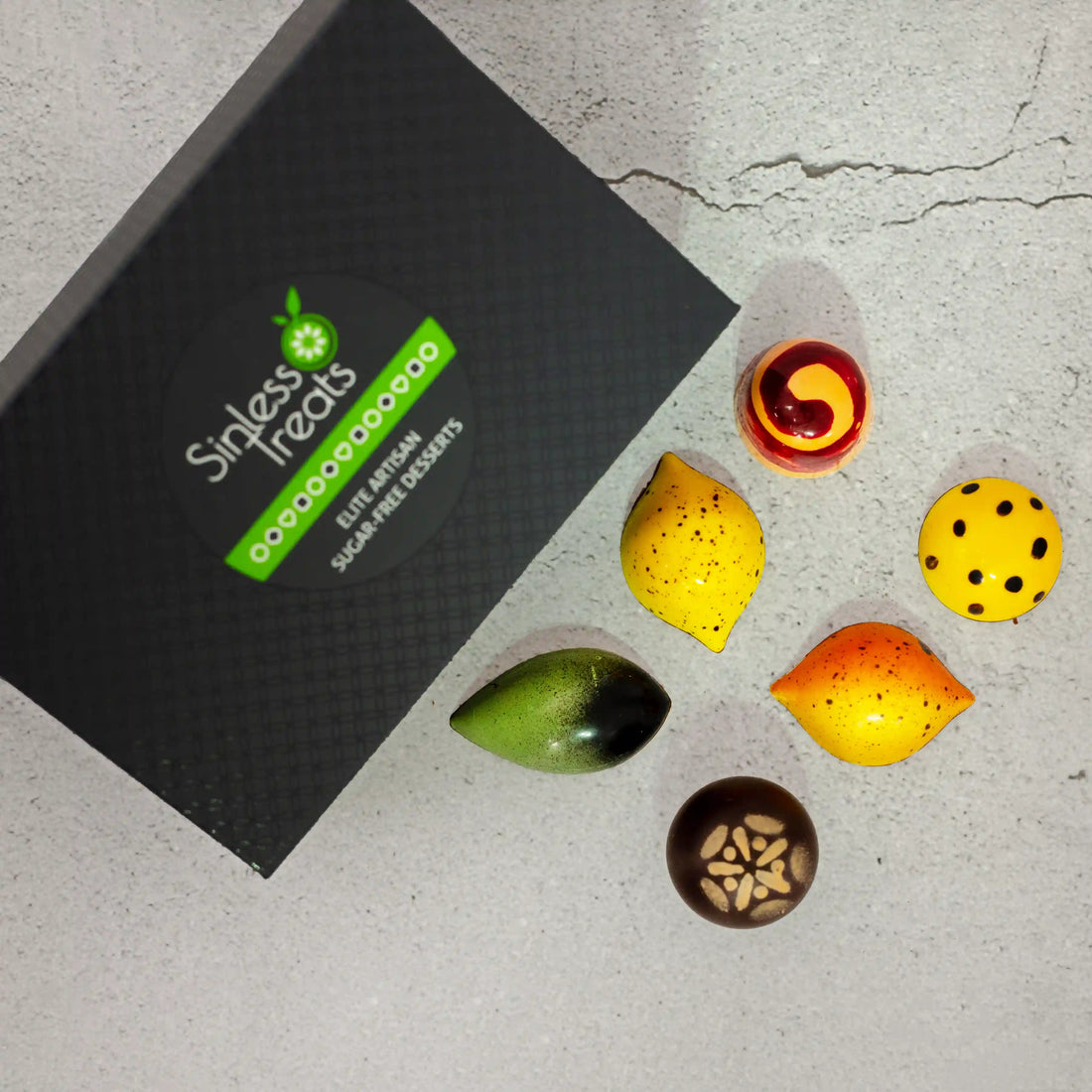 Fantasia Luxury chocolate gift box with 6 pieces of brightly painted citrus flavored chocolates