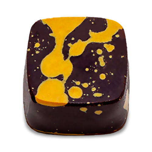 Baileys Splash sugar free dark chocolate bonbon with yellow-orange splattered paint