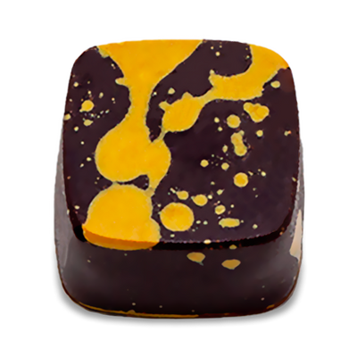 Baileys Splash sugar free dark chocolate bonbon with yellow-orange splattered paint