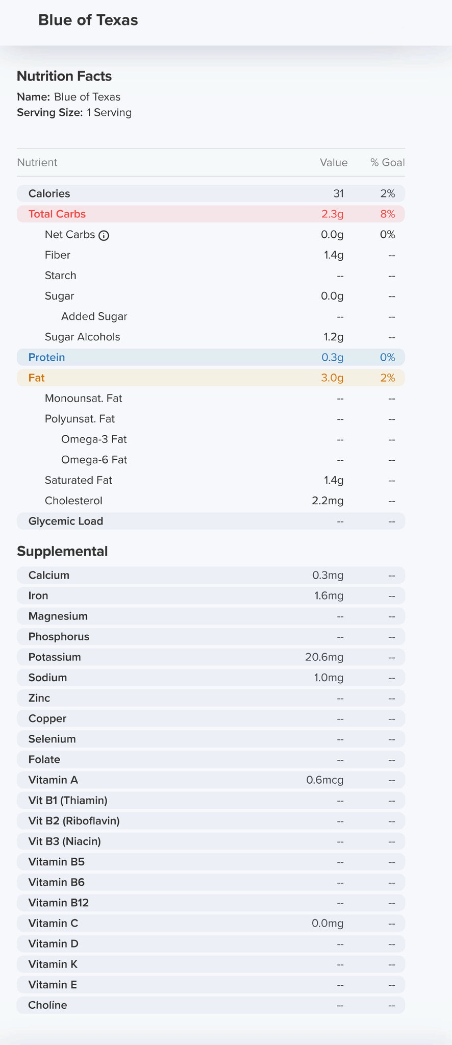 Blue of Texas Nutrition Label 31 Calories and 0g Sugar per piece