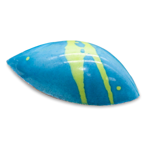 Blueberry Cream teardrop shaped sugar free dark chocolate bonbon with blue coloring and green stripes