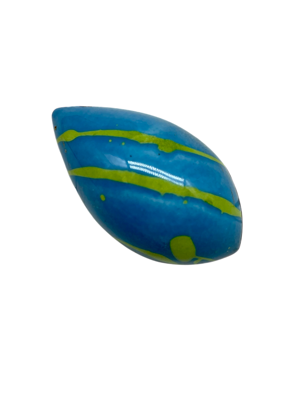 Blueberry Cream teardrop shaped sugar free dark chocolate bonbon with blue coloring and green stripes
