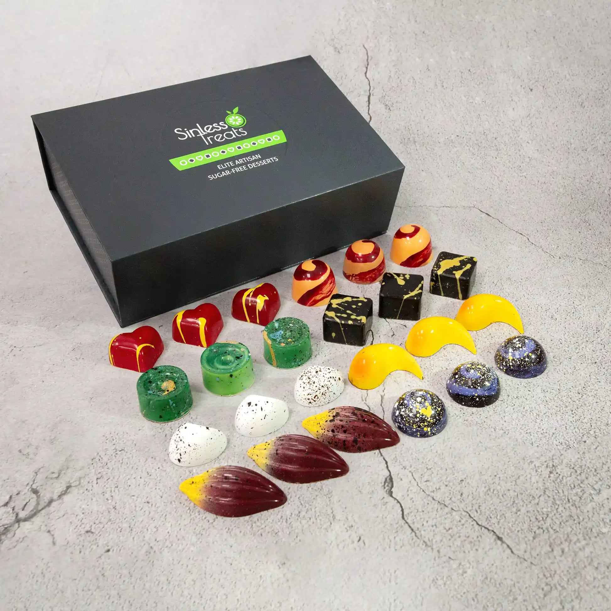 24-piece Luxury chocolate Gift Box with custom assortment of 24 colorful bonbons, 3 each of 8 flavors