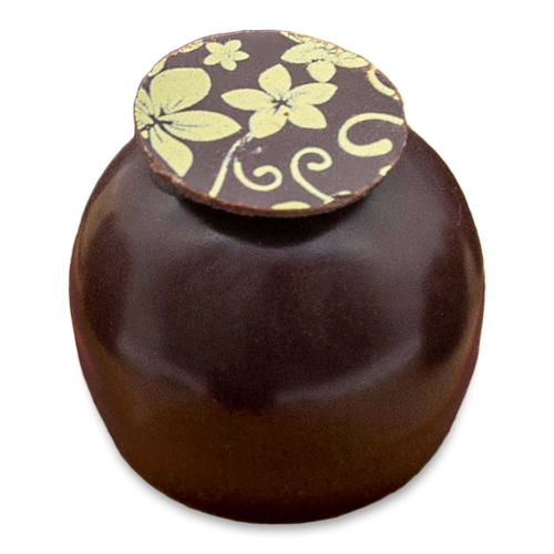 Classic Dark Truffle with dark chocolate shell and round chocolate topper with floral painted design