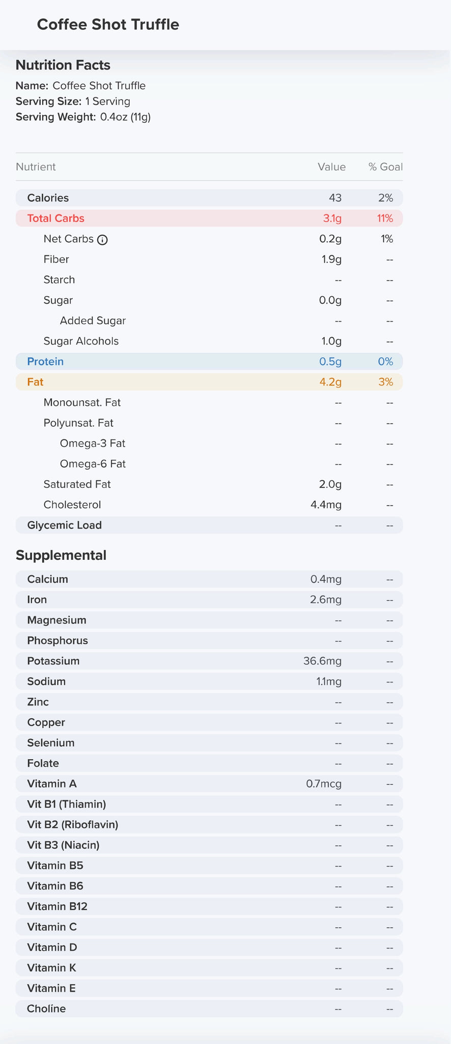 Coffee Shot Truffle Nutrition Label 43 Calories and 0g Sugar per piece