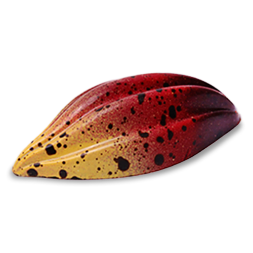 Dark chocolate sugar free chocolate bonbon shaped like a cacao fruit with red and yellow coloring