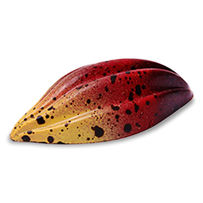 Dark chocolate sugar free chocolate bonbon shaped like a cacao fruit with red and yellow coloring