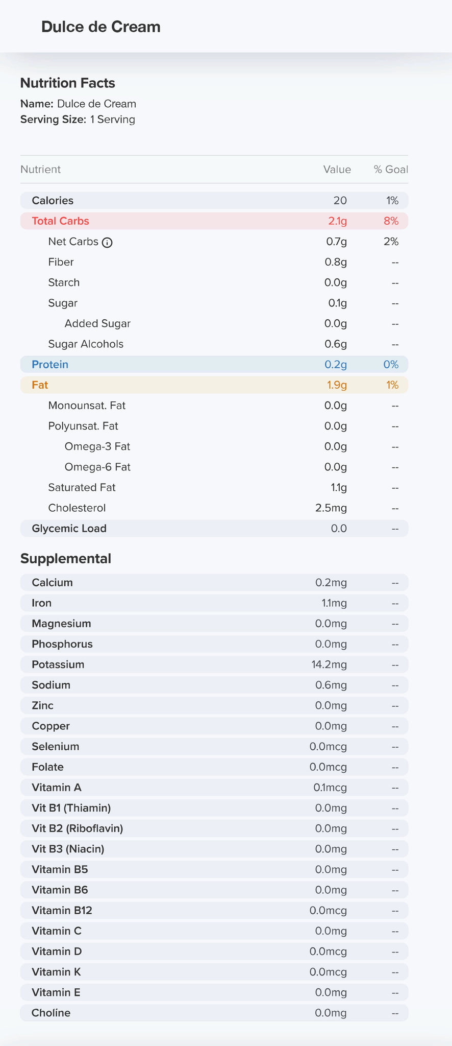 Dulce de Cream Nutrition Label 20 Calories and 0.1g Sugar per piece