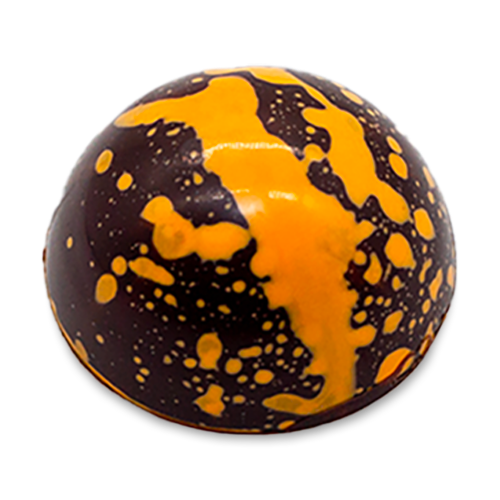 Dulce de Cream sugar free dark chocolate dome-shaped bonbon with orange splattered paint