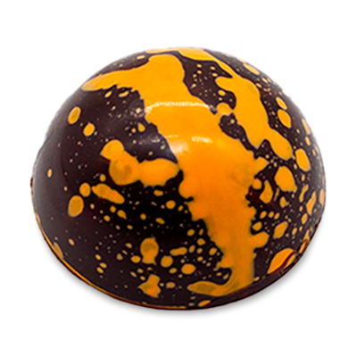 Dulce de Cream sugar free dark chocolate dome-shaped bonbon with orange splattered paint