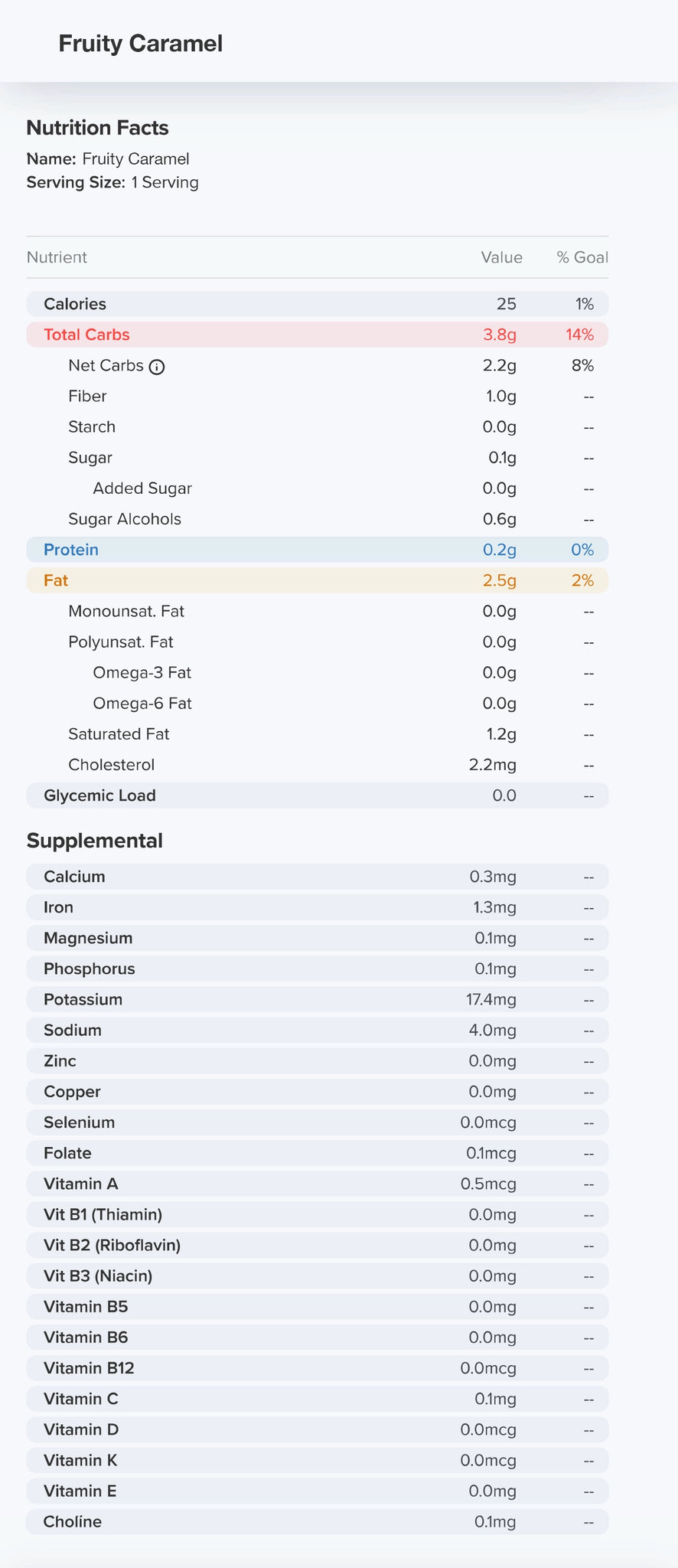 Fruity Caramel Nutrition Label 25 Calories and 0.1g Sugar per piece