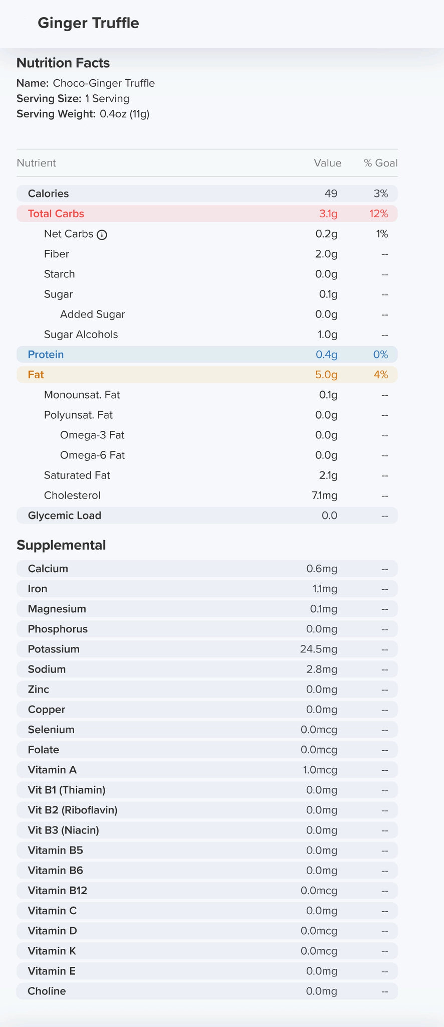 Ginger Truffle Nutrition Label 49 Calories and 0.1g Sugar per piece