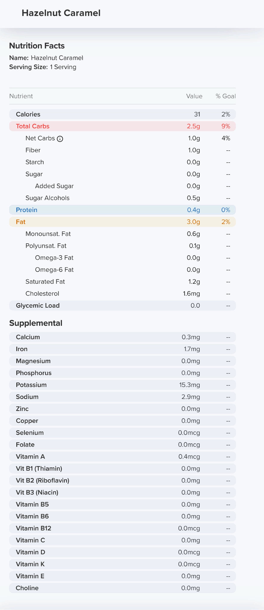 Hazelnut Caramel Nutrition Label 31 Calories and 0g Sugar per piece