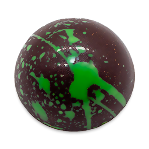 Hazelnut Praline sugar free dark chocolate dome-shaped bonbon with green splattered paint