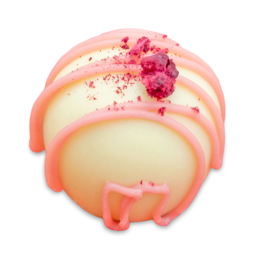 Indulgence raspberry white chocolate Truffle with sugar free white chocolate shell, topped with pink Ruby chocolate stripes and dried raspberries