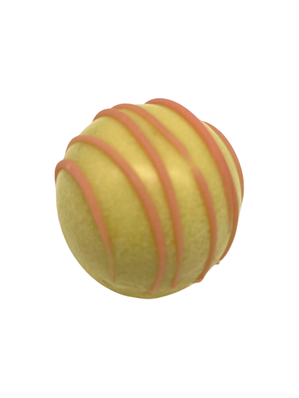 Indulgence raspberry white chocolate Truffle with sugar free white chocolate shell, topped with pink Ruby chocolate stripes and dried raspberries