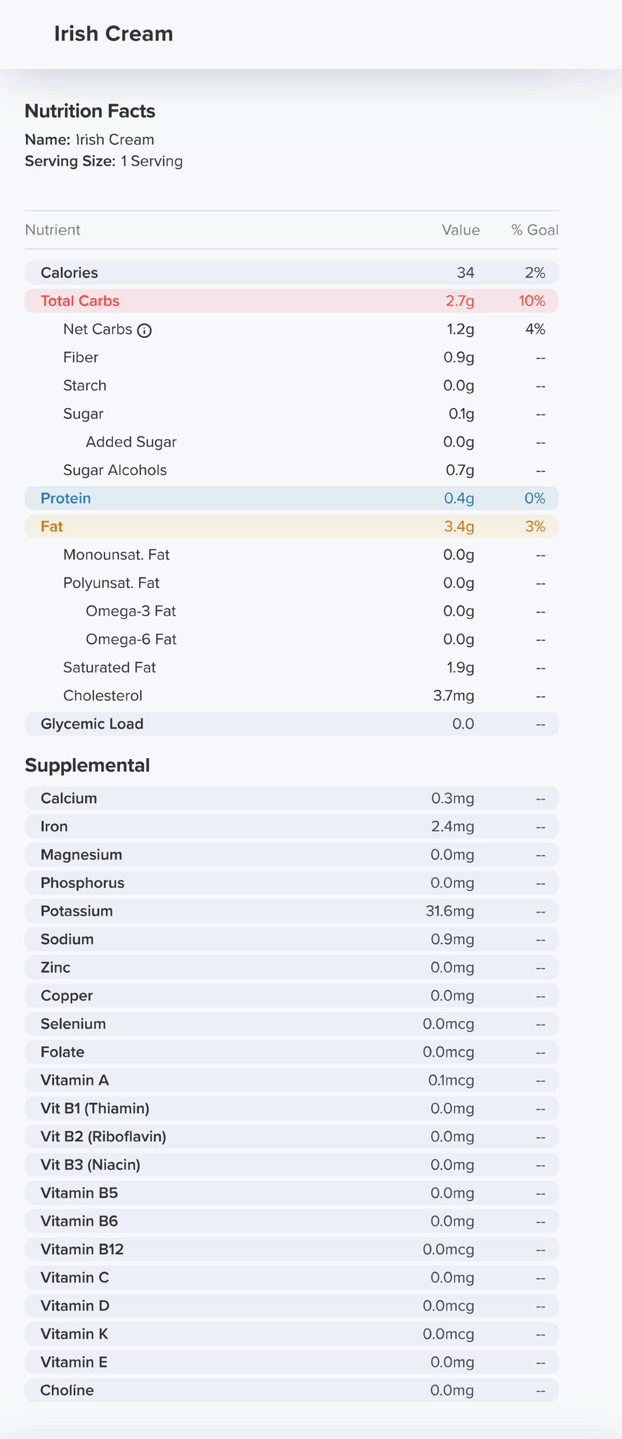 Irish Cream Nutrition Label 34 Calories and 0.1g Sugar per piece