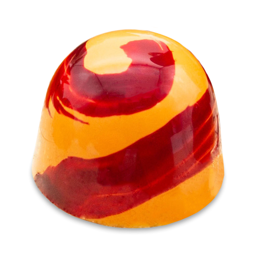 Kumquat gumdrop-shaped sugar free white chocolate bonbon with orange and red spiral design