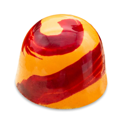 Kumquat gumdrop-shaped sugar free white chocolate bonbon with orange and red spiral design