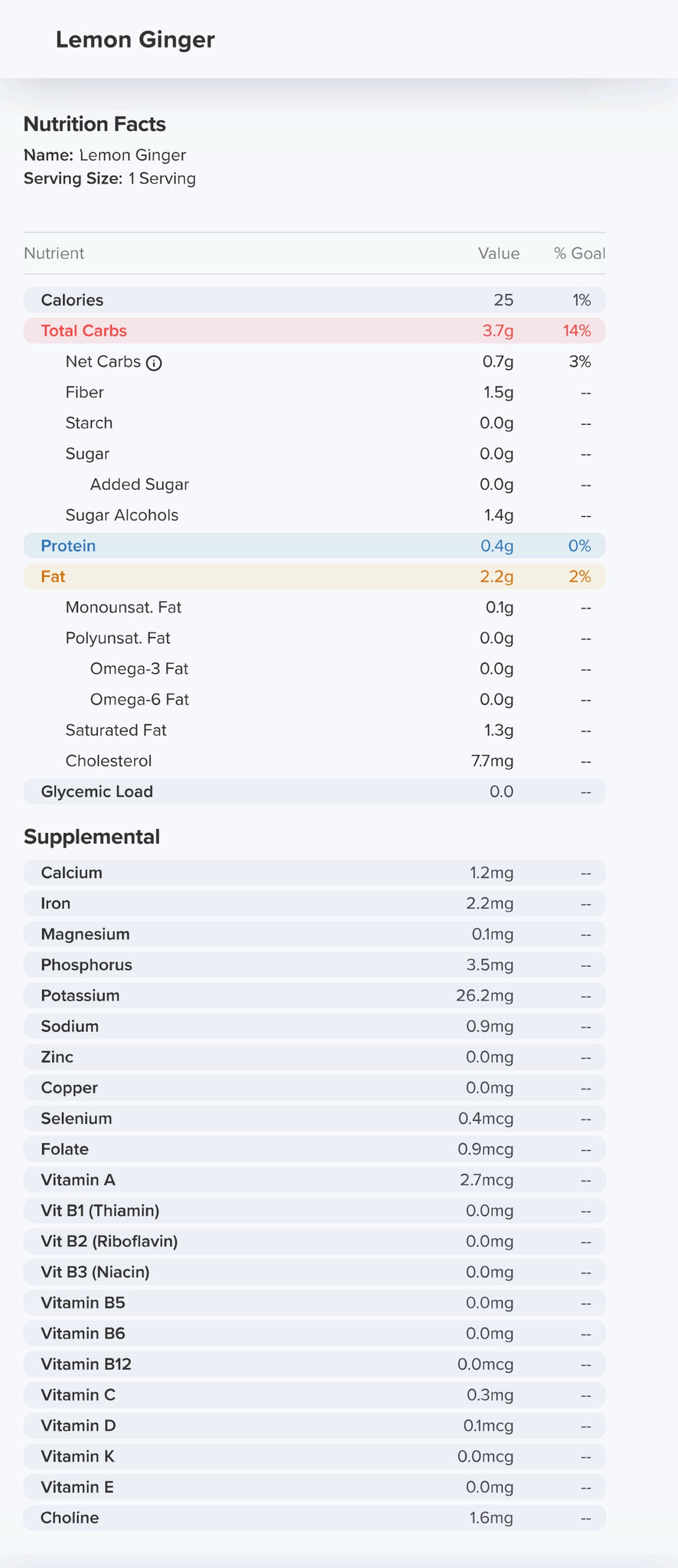 Lemon Ginger Nutrition Label 25 Calories and 0g Sugar