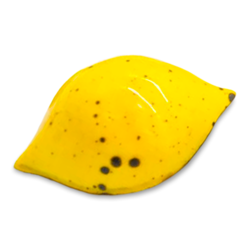 Lemon Ginger lemon-shaped sugar free dark chocolate bonbon with bright yellow coloring and dark speckles