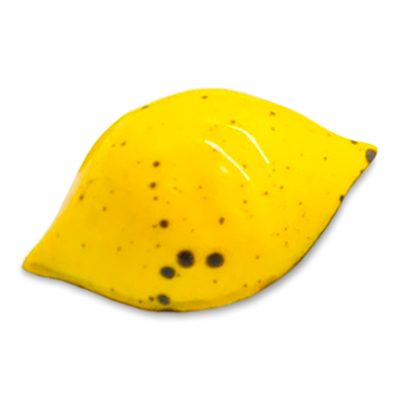 Lemon Ginger lemon-shaped sugar free dark chocolate bonbon with bright yellow coloring and dark speckles