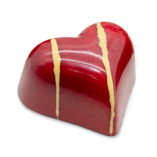 Lychee Bloom heart-shaped sugar free dark chocolate bonbon with red coloring and yellow stripes