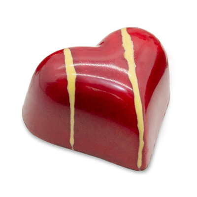 Lychee Bloom heart-shaped sugar free dark chocolate bonbon with red coloring and yellow stripes