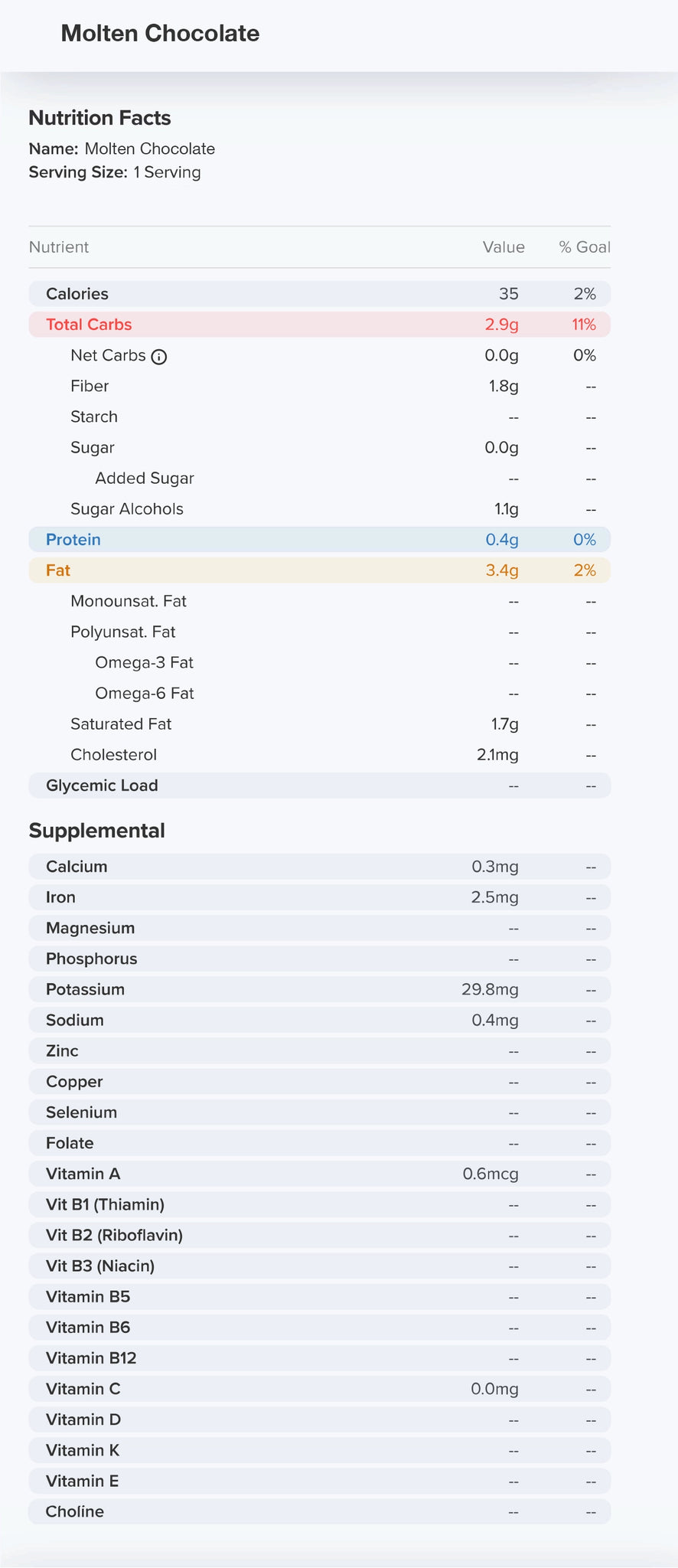 Molten Chocolate Nutrition Label 35 Calories and 0g Sugar per piece