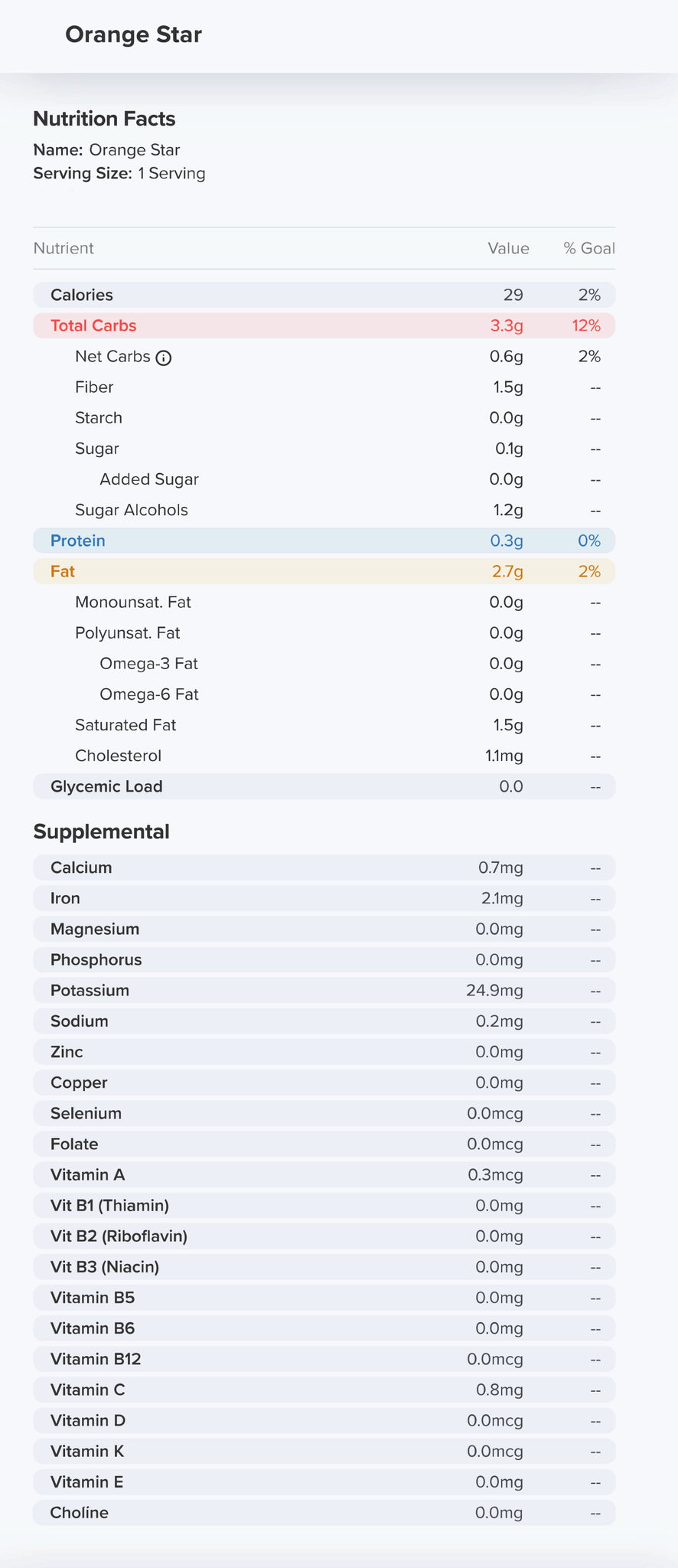 Orange Star Nutrition Label 29 Calories and 0.1g Sugar per piece