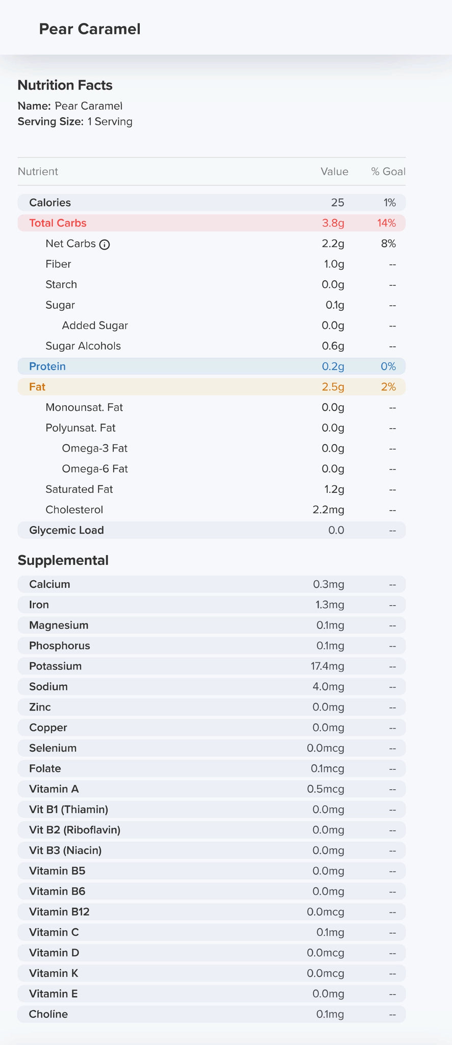 Pear Caramel Nutrition Label 25 Calories and 0.1g Sugar per piece