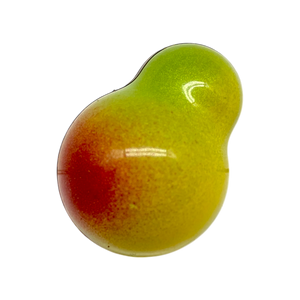 Pear Caramel pear-shaped sugar free dark chocolate bonbon with yellow, green, and red coloring