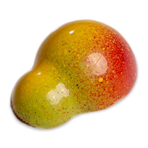 Pear Caramel pear-shaped sugar free dark chocolate bonbon with yellow, green, and red coloring