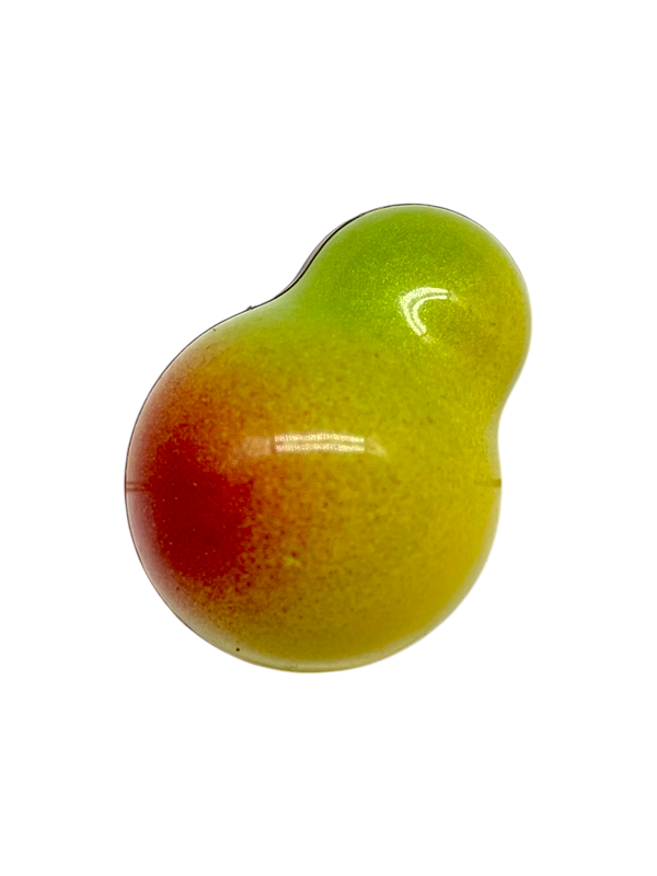 Pear Caramel pear-shaped sugar free dark chocolate bonbon with yellow, green, and red coloring