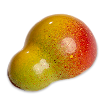 Pear Caramel pear-shaped sugar free dark chocolate bonbon with yellow, green, and red coloring