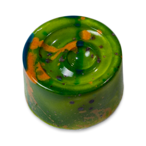 Pistachio Delight sugar free white chocolate bonbon with green coloring and splatters of orange and blue