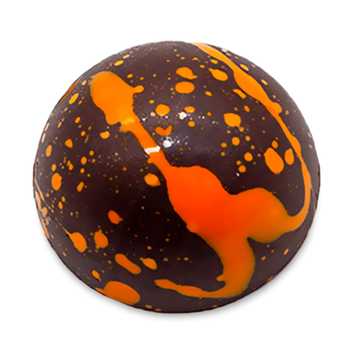 Rosemary Mango dome-shaped sugar free dark chocolate bonbon with orange splattered paint