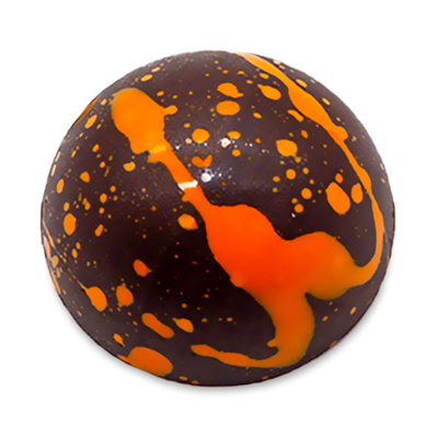 Rosemary Mango dome-shaped sugar free dark chocolate bonbon with orange splattered paint