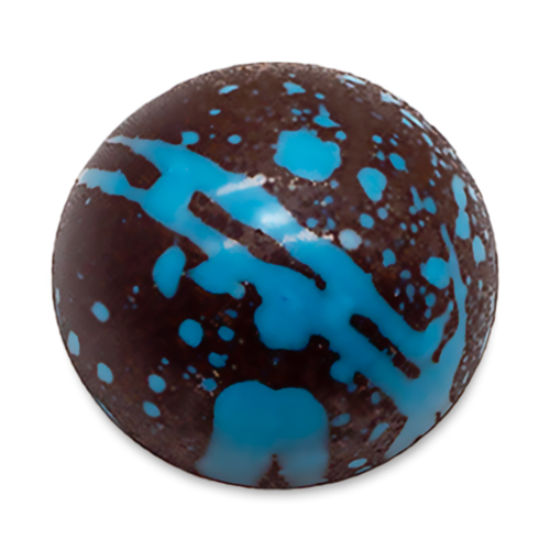 Spicy Earl Grey sugar free dark chocolate bonbon with blue splattered paint