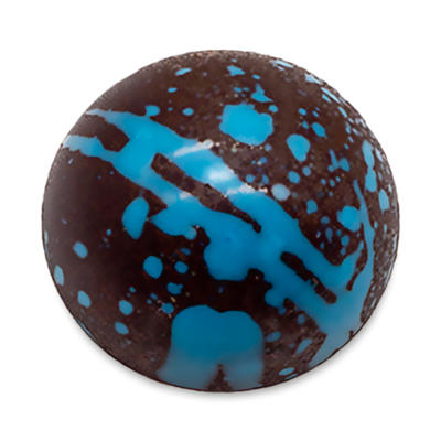 Spicy Earl Grey sugar free dark chocolate bonbon with blue splattered paint