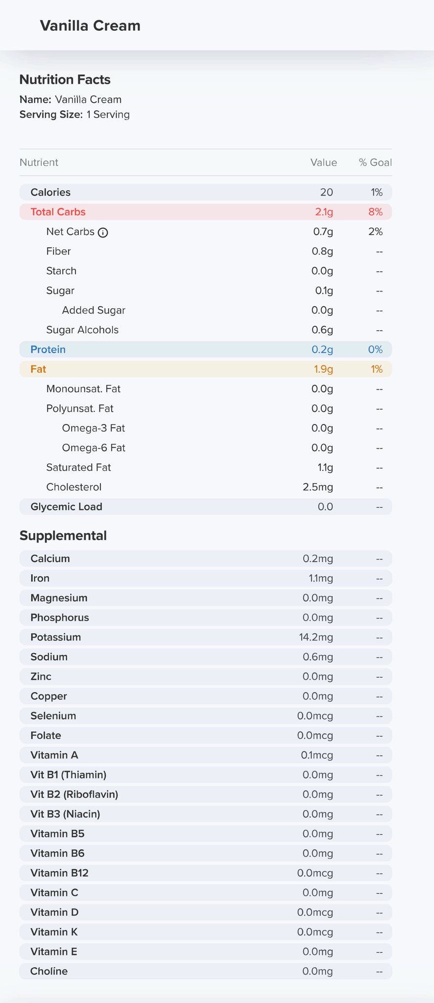 Vanilla Cream Nutrition Label 20 calories and 0.1g Sugar